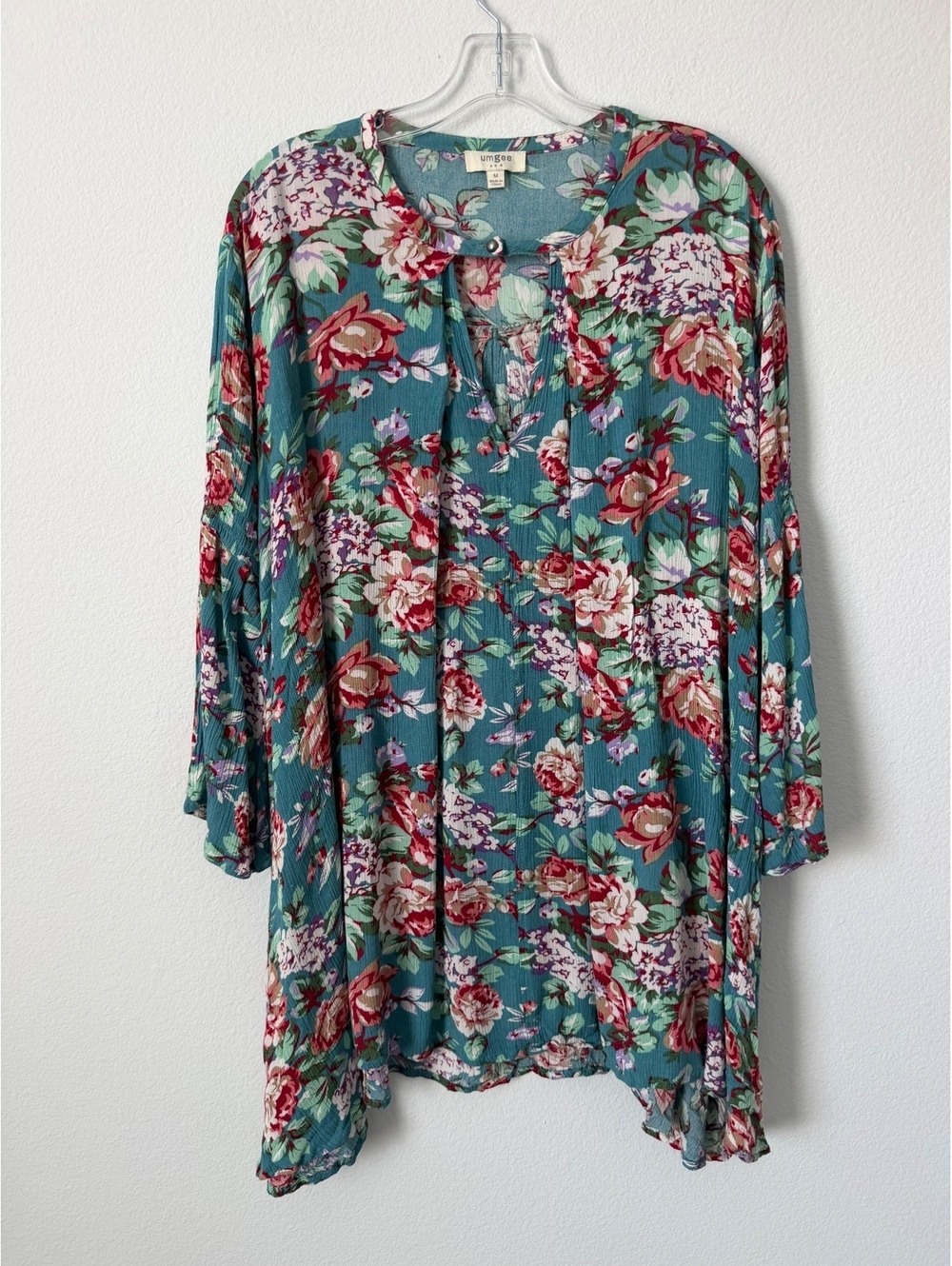 UMGEE Bell Long Sleeve Keyhole Neck Floral Boho A-Line Tunic Blouse Size M